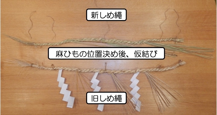 神棚の中のしめ縄交換　新旧しめ繩を解説しています。